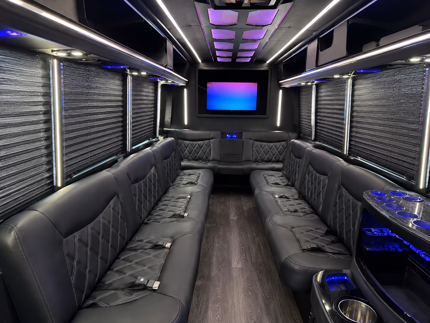 Interior of a party bus rental serving Newark